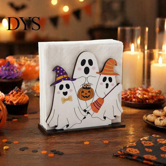 Halloween Paper Towel Holder Ghost Wooden Napkin Holder, Cute Decorative Soft Furnishings for Home Stand, Freestanding Tissue Dispenser Organizer