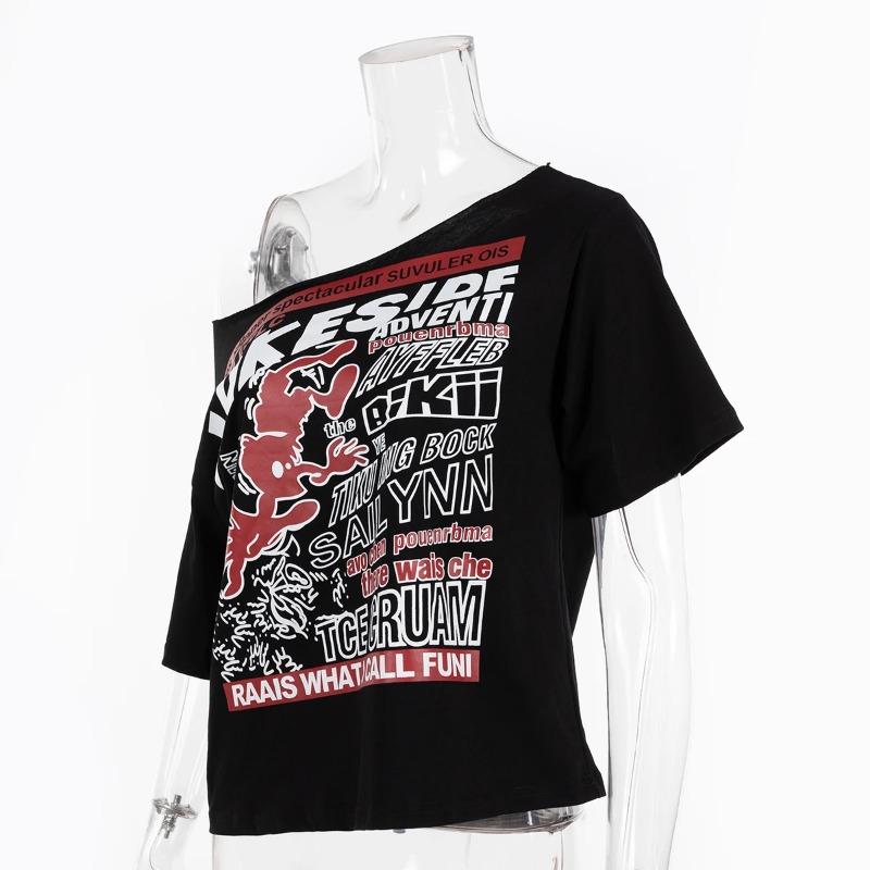 Y2k черные укороченные футболки с открытыми плечами, женские винтажные футболки с графикой в американском стиле, уличная одежда, гранж-эстетические топы с короткими рукавами