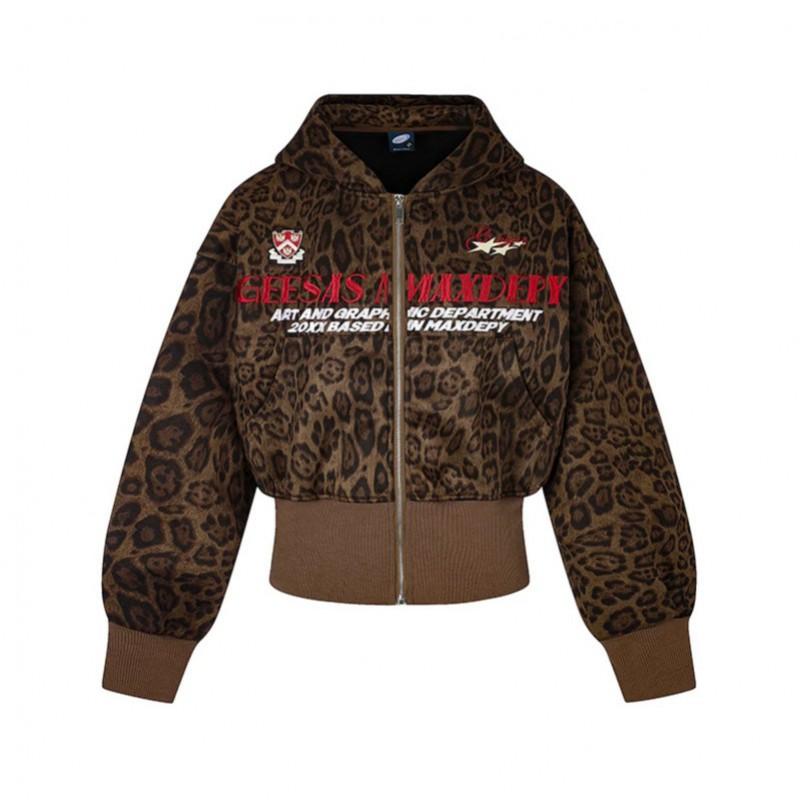 Womens Vintage Leopard Print Hooded Zip Sweatshirt 2026 Fall Slim Waist Short Outerwear