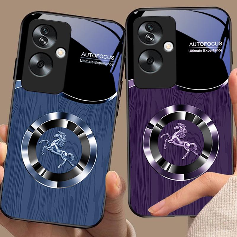 Деревянный конь синий для Oppo A79 5G 58 78 74 60 4G Reno 11F Realme GT 6 11 Note 50 10 C55 X2 Закаленное стекло Черный чехол для телефона