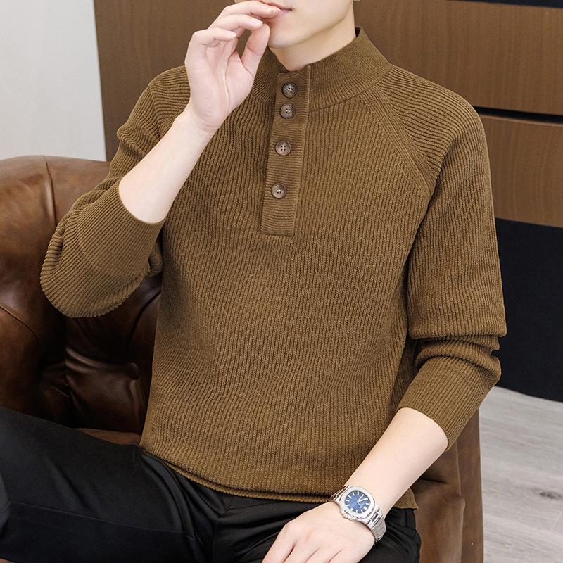 Men's Retro Half-High Collar Knit Sweater - Youthful College Style, Woolen Base Layer for Autumn/Winter