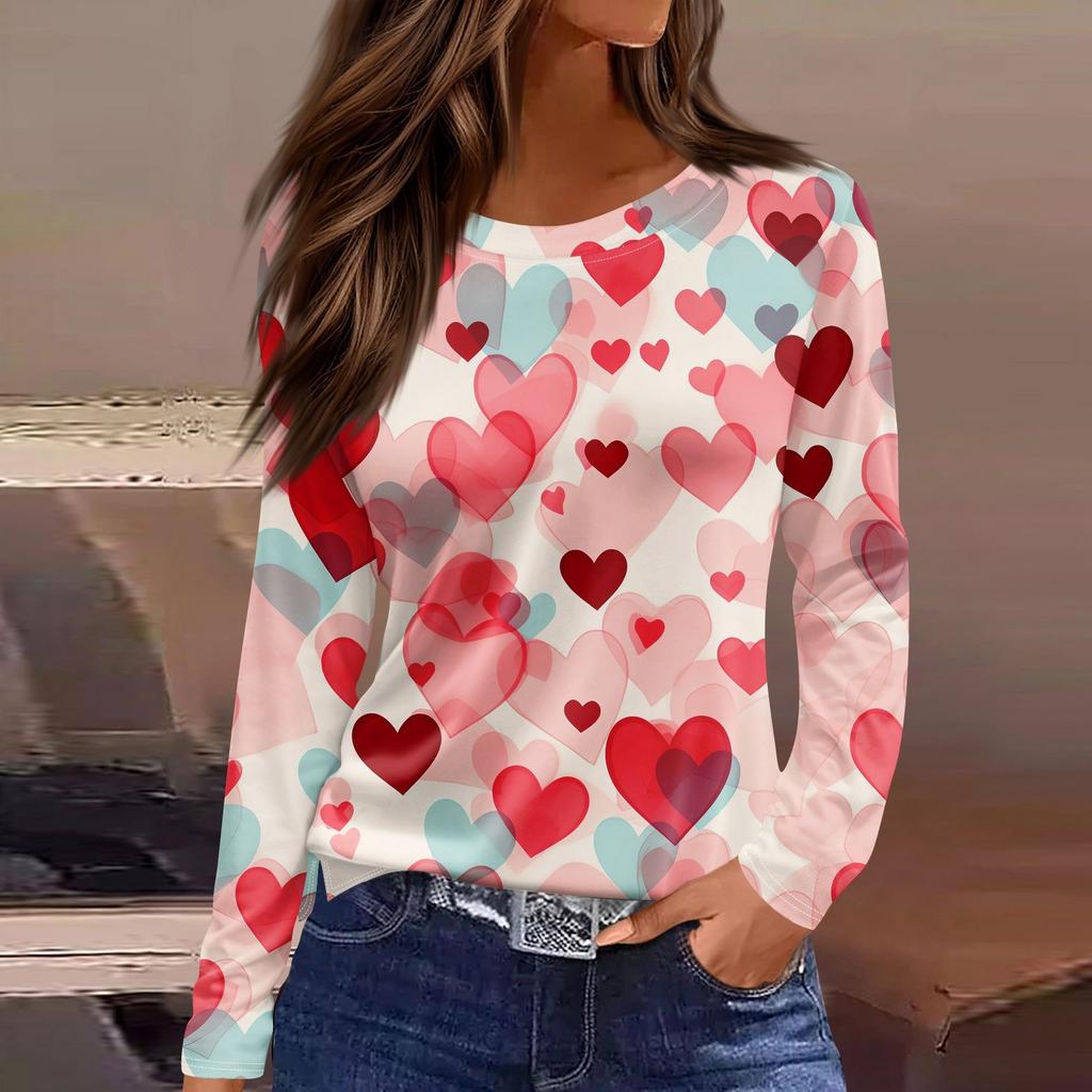 Женская модная повседневная футболка с разрезом и круглым вырезом, длинным рукавом, с принтом ко Дню святого Валентина, женская футболка