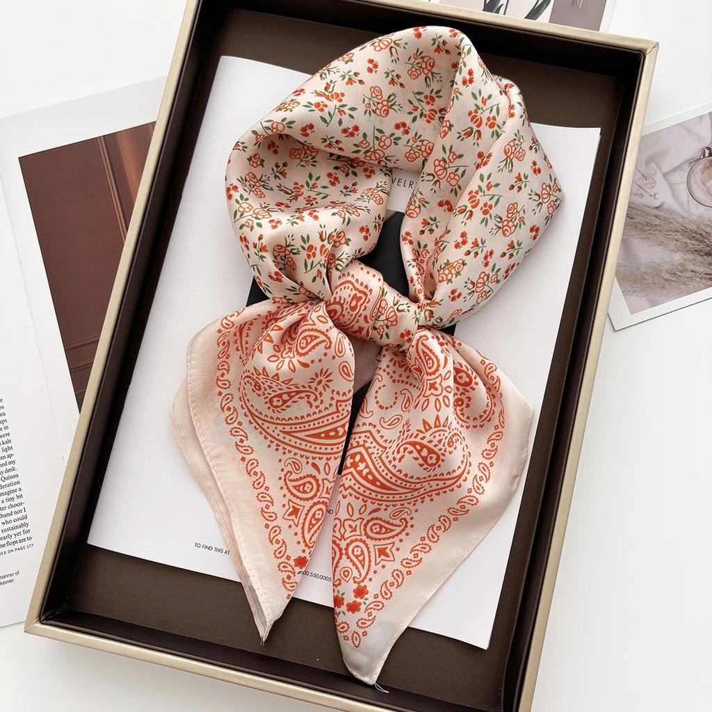 New Flowers Print Shawl Square Scarf for Women Satin Fashion Wraps Neckerchief Female Hair Bands Ribbon Headband Bandana