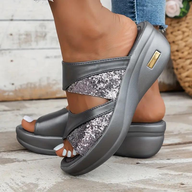 Women's Sequins Wedge Slide Sandals Fashion Soft Sole Open Toe Slip On Shoes Casual Outdoor Summer Beach Slides