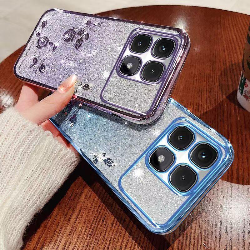 Чехол для телефона XiaoMi 14T 5G, Mi 14T Pro 5G Flash Pink Flower Прозрачный противоударный защитный чехол с роскошным бриллиантовым сиянием