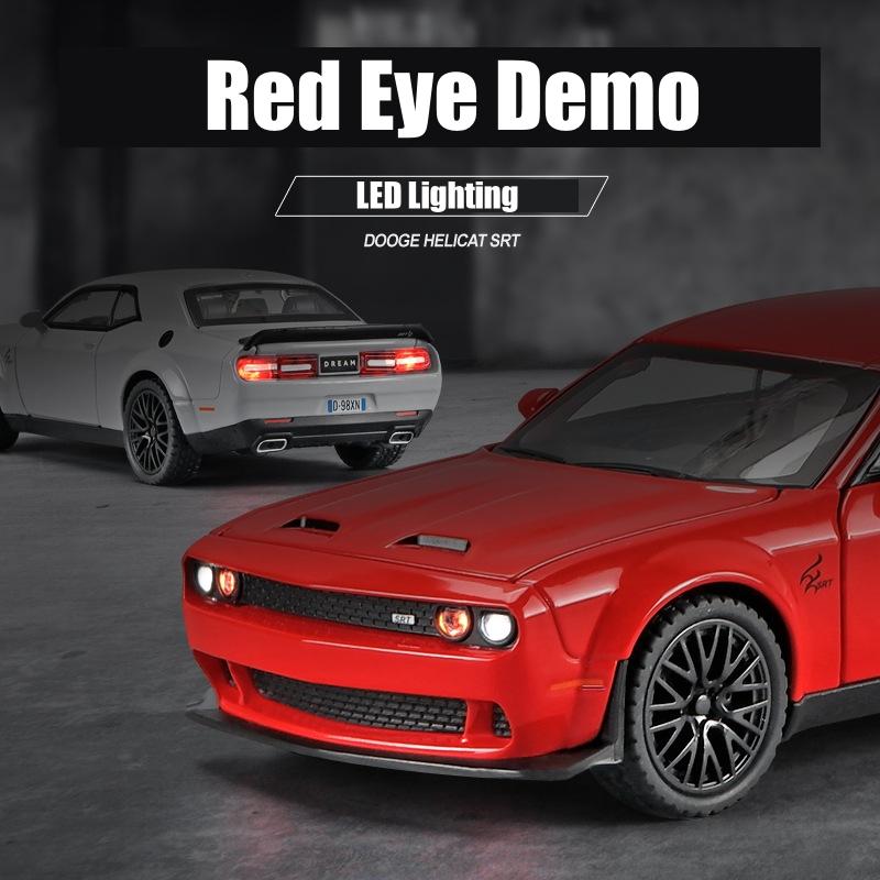 1/32 Dodge Challenger SRT Hellcat Toy Car Model Diecast Metal Miniature 1:32 Sound & Light Vehicle Collection Gift for Kid Boys