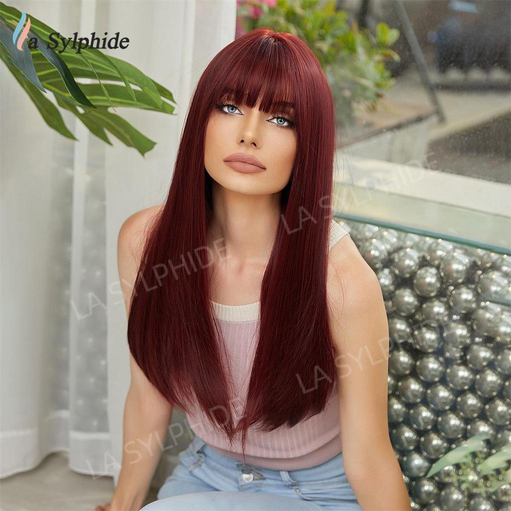 Women's Cross-Border Wigs: Long Straight Hair with Bangs, High-Temp Synthetic, Full Coverage, Available In Black, Red-Brown, Orange, and Pink.