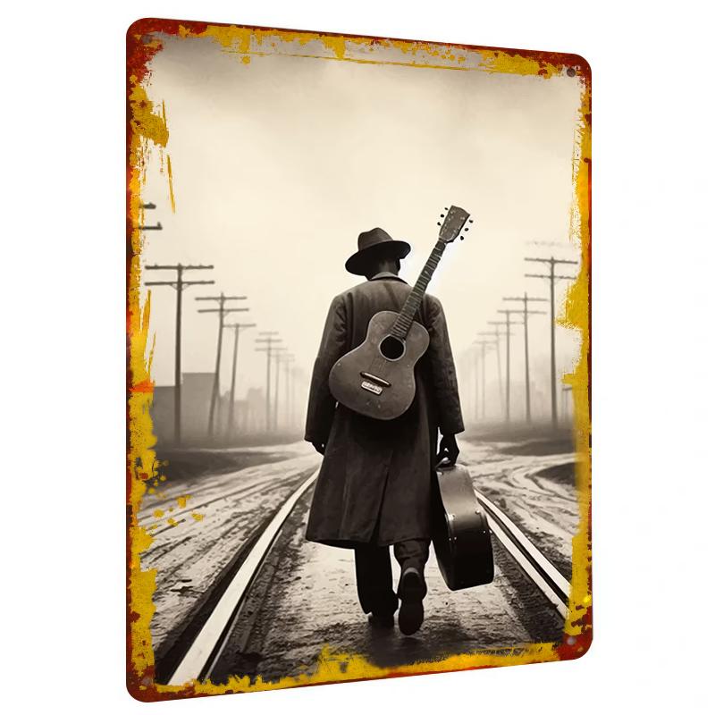 Vintage Wanderer Guitarist Backdrop Metal Wall Art American Country Nostalgic Home Decor Hanging Decoration