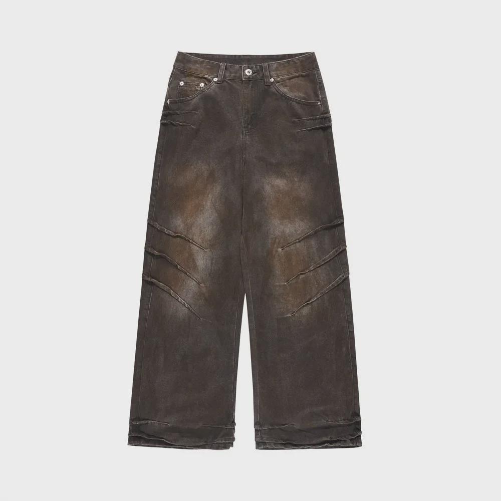 Men's Street Style Wasteland Distressed Jeans - Trendy Pleated Loose Wide-Leg Trousers.