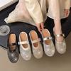 2025 Summer New Niche Ballet Shoes Mesh Rhinestone Breathable One-word Buckle Flat Mary Jane Shoes Women's Shallow Mouth Single Shoes