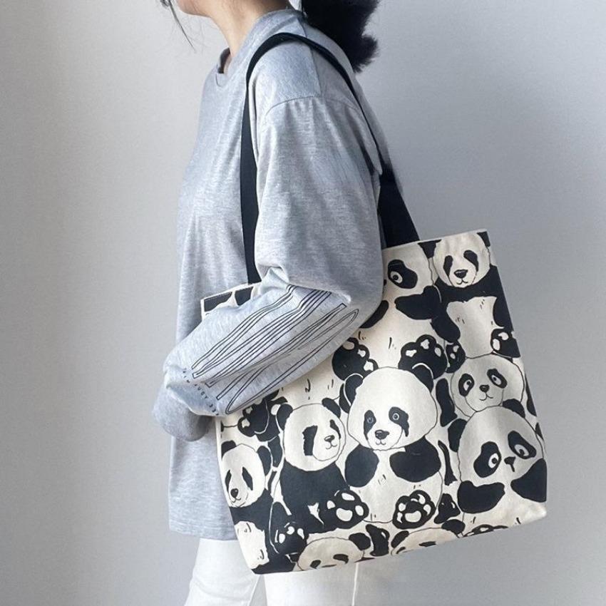 Canvas Bag Women's Shoulder Chinese Style High Capacity Zipper Canvas Bag Portable Shopping Bag Double Cute Panda Sided Printing
