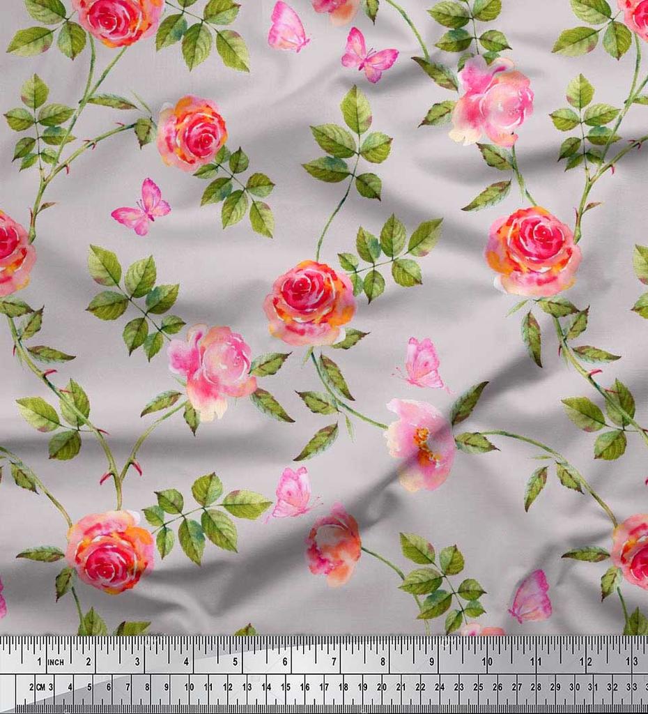 Soimoi Японская креп-сатиновая ткань с листьями, розами и пионами, ткань с цветочным принтом по метрам, 42 дюйма