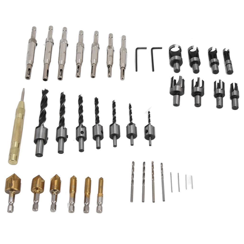 Набор сверл по пробке с шестигранным хвостовиком для снятия фаски с потайной головкой и центральным пробойником