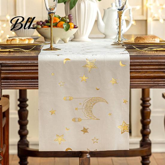 Velvet Table Runner Eid Mubarak Runner, Ramadan Gold Moon Stars Tablecloth, Islamic Happy Elegant Holiday Rectangular Cloth for Home Dining