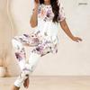 Women Plus Size Two Piece Set Round Neck Short Sleeve Floral Printed Longline Top Fitted Pants Light Green
