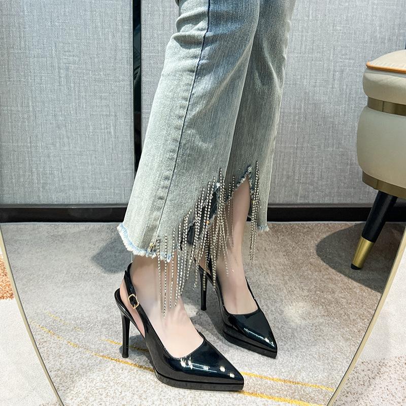 Водонепроницаемые туфли на высоком каблуке из лакированной кожи с пустым однословным принтом сзади, сандалии с сумкой на голове, женские весенние и осенние сексуальные туфли телесного цвета на тонком каблуке