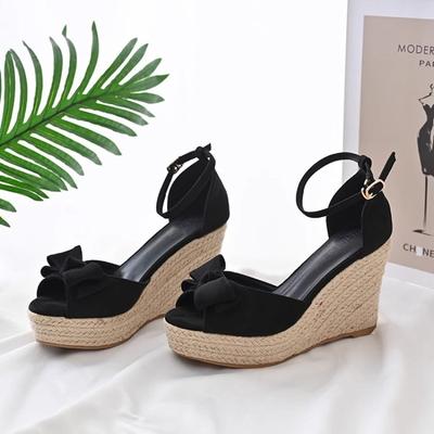 Соломенные сандалии на танкетке с принтом, женская летняя обувь, новые маленькие сандалии на высоком каблуке с бантом