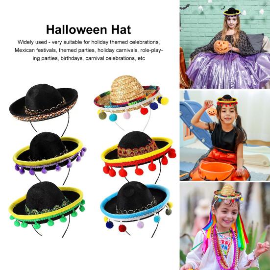 6 шт. повязка на голову сомбреро на Хэллоуин, мексиканские шляпы для вечеринок с плюшевыми помпонами, праздники