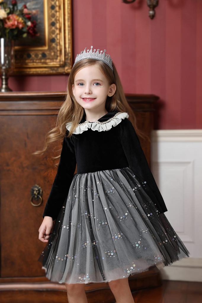 Weileenice Концертное фортепиано Размер Длинный рукав Черное Принцесса Траур Идеально для поминок и других Платье, 140, Серый, Осень/Зима, Наряд для девочек, Платье,