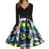 Women's Fashion V-neck Casual Slim-fit Christmas Print Long-sleeved Dress