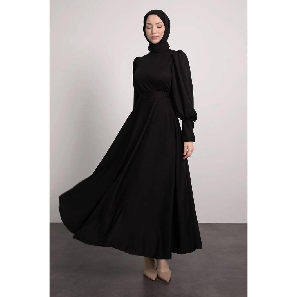 Balloon Sleeve Pleated Skirt Detailed Hijab Dress