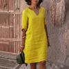 Летнее женское платье с v-образным вырезом и рукавами три четверти, свободное однотонное платье длиной до колена, простой стиль, повседневная одежда, повседневное платье миди