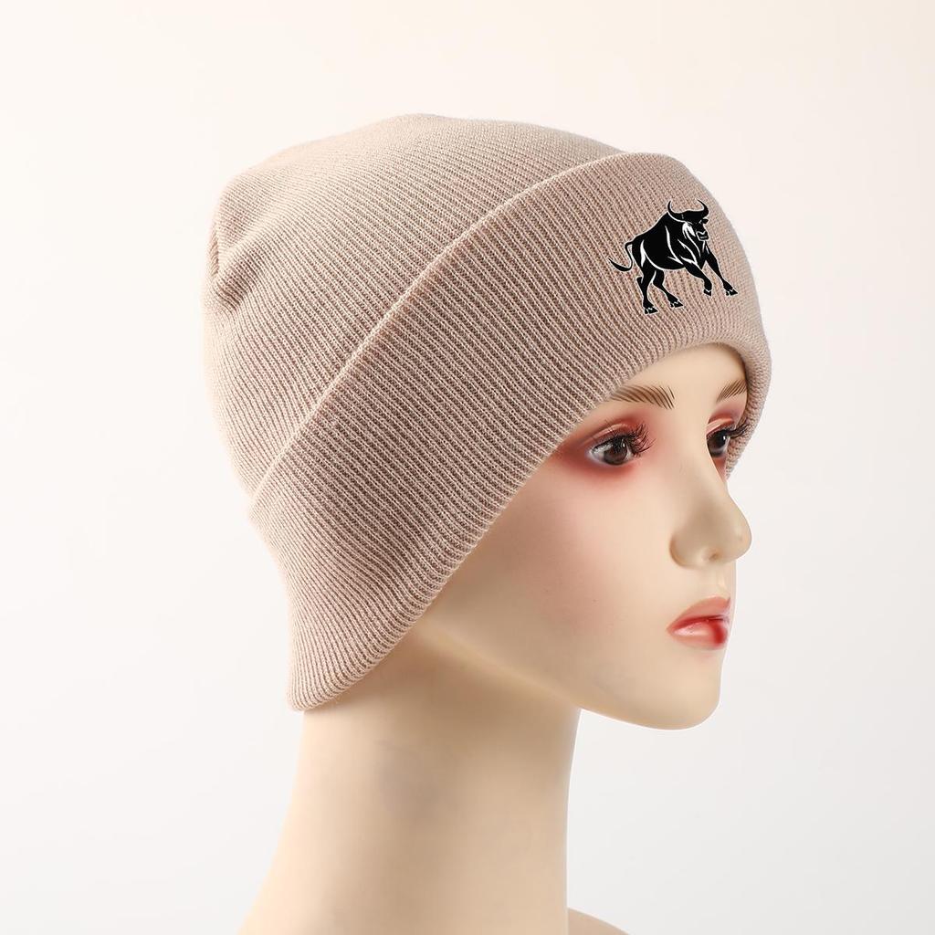 Черная вязаная шапка с принтом быка, шапка-бини с изображением животных, модная вязаная шапка-бини с напуском