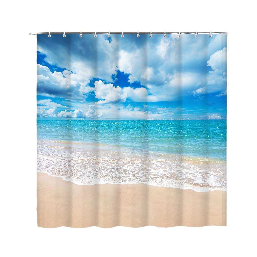 Shower Curtain Waterproof And Mildew-Proof Coconut Tree Beach Beach Bathroom Shower Curtain Shower Curtain Partition Curtain Free Punching