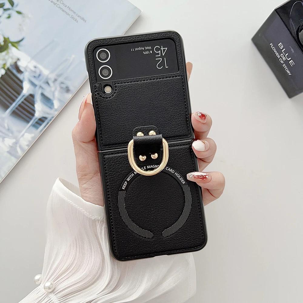 Чехол для телефона из ПУ кожи для Samsung Galaxy Z Flip 7 FE 6 5 4 3 Чехол с держателем-кольцом для Magsafe Магнитная беспроводная зарядка Flip6