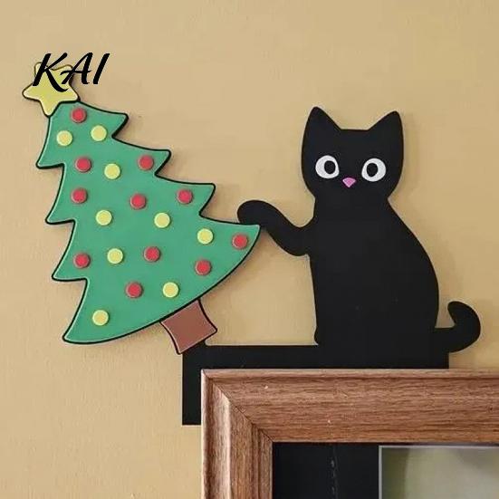 Cute Animal Shelf Sitter Wooden Cartoon Cat Door Frame Pendant, Black Corner Unique Decoration Decoration, Decorative Wall Sticker for Photo