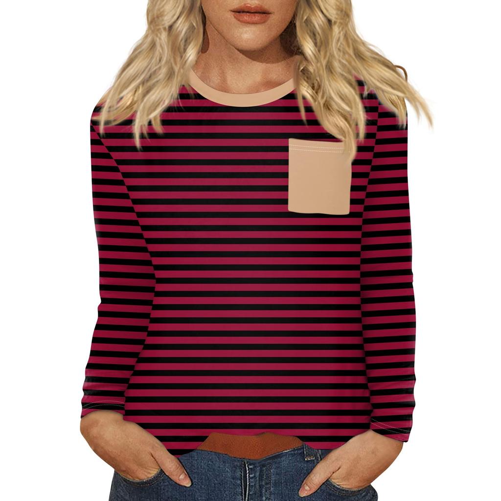 Женский повседневный топ с круглым вырезом и длинными рукавами в полоску с принтом