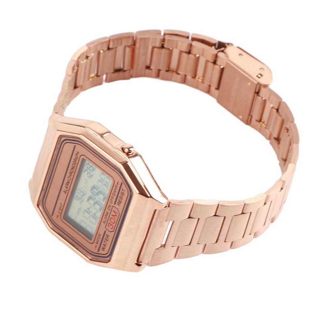 Цифровые светодиодные часы с подсветкой, электронные, с ремешком из нержавеющей стали, прямоугольные наручные часы (Розовое золото)