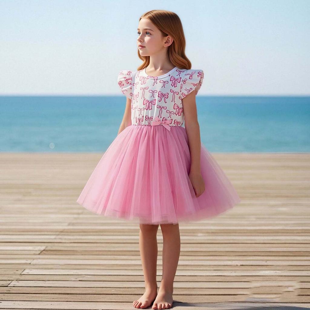Cute Bow Print Ruffle Tulle Tutu Princess Dress for Girls 3-8 Years Sweet Style Summer Casual Party Wear Children Dress