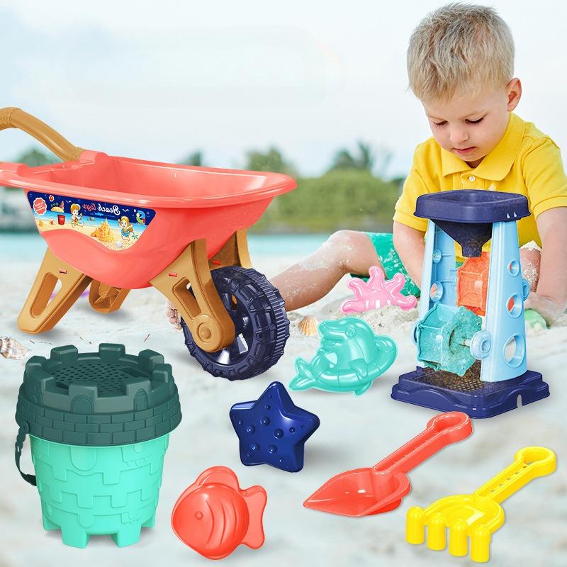 Детский набор инструментов для игры с песком на пляже: ведерко, сито, воронка, лопатка, тележка, лейка. Летние игрушки для улицы для детей.