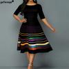 O-Neck Half Sleeve 3D Stripe Printing Midi Dress Office Lady Elegant Dresses for Women Elastic Waist Women's
