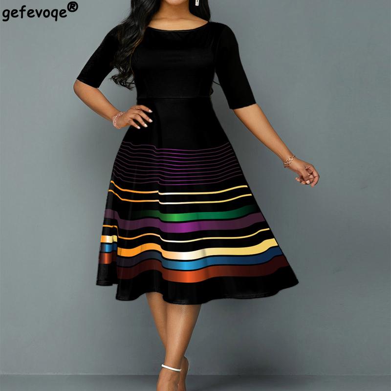 O-Neck Half Sleeve 3D Stripe Printing Midi Dress Office Lady Elegant Dresses for Women Elastic Waist Women's