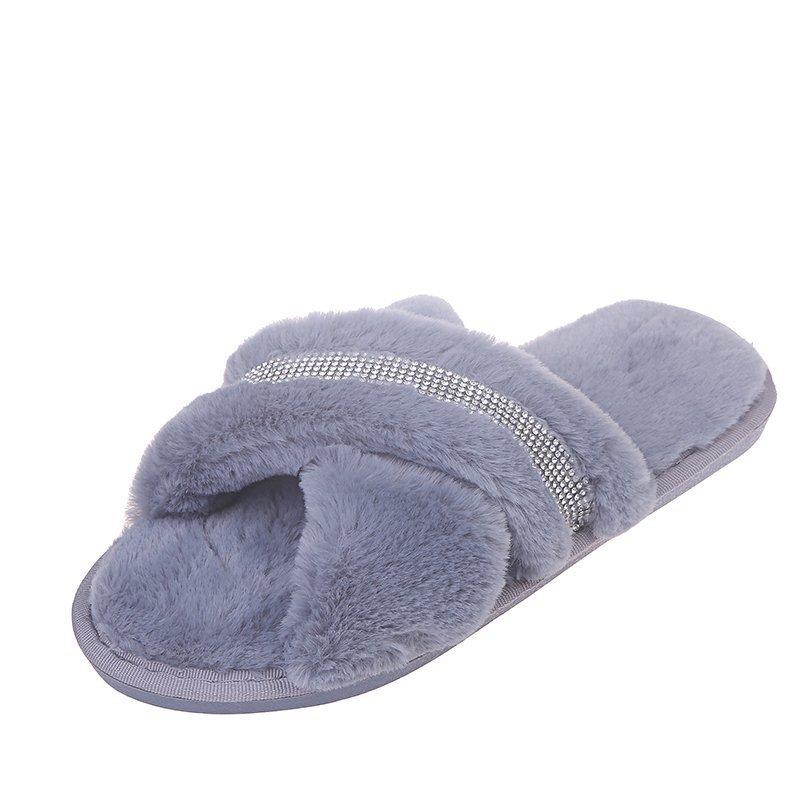 Rhinestone Strips Cross Flat Bottom Fluffy Slippers Women's Autumn and Winter Home Warm Cotton Slippers Comfortable