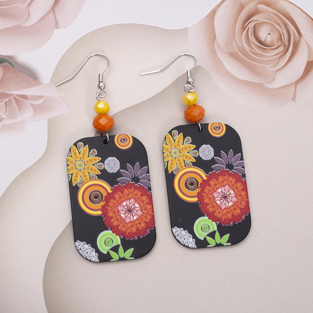 Acrylic Relievo Colorful Print Women's Flower Earrings Dangle Vintage Elegant Personality Jewelry New Clothing Accessories Gift