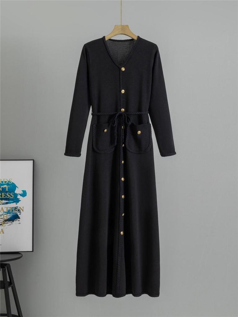 French Knitted A-line Dress & Matching Coat - Women's Slimming Autumn/Winter Woolen Base Layer