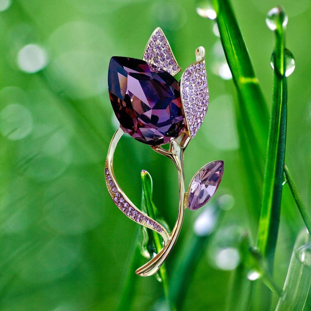 European Crystal Purple Tulip Brooch - Exquisite & Elegant Women's Corsage Pin for Coats and Jackets