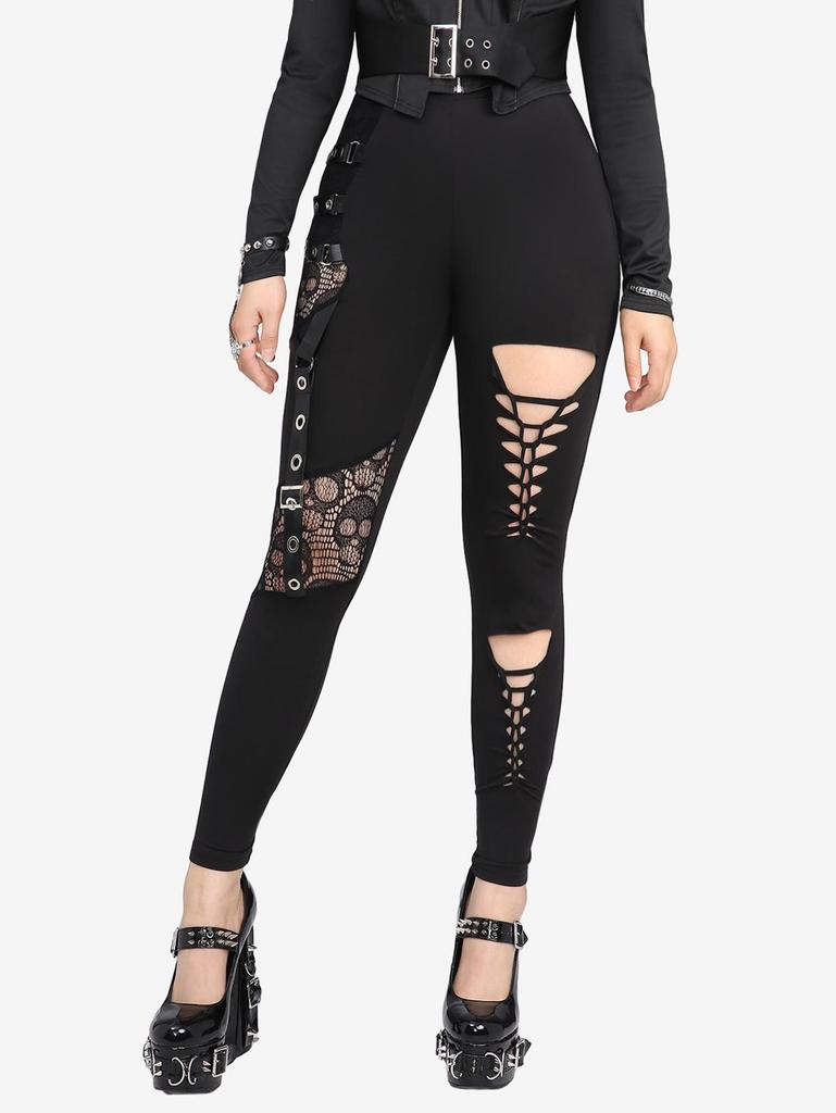 Rosegal Gothic Skulls Mesh PU Strap Buckle Grommet Cutout Skinny Pants