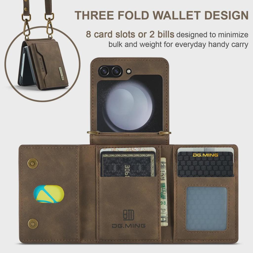 Кожаный чехол M2 для Samsung Z Flip5/4: Кошелек и держатель карт с плечевым ремнем