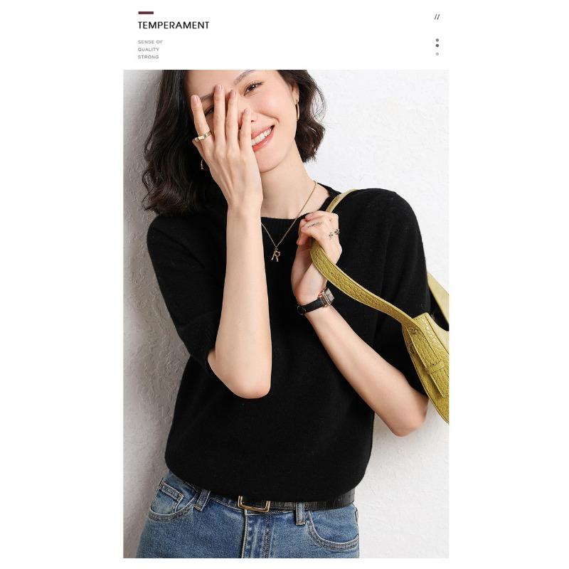 Женский свитер с круглым вырезом, шерстяной свитер с короткими рукавами, однотонный, для поездок на работу, простой, повседневный, трикотажный низ рубашки, теплый, удобный, на осень