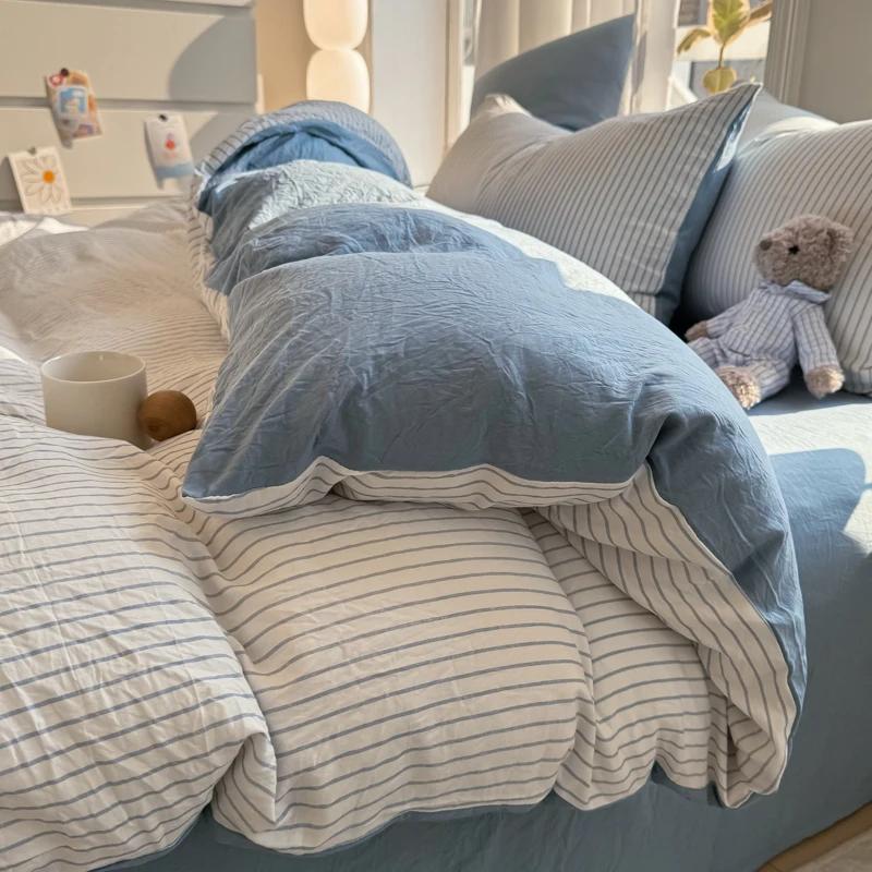 Pure Cotton Home Textile Striped Bedding Set Simple Soft Duvet Cover Sheet Pillowcase Ins Style Bed Linens Queen King Size