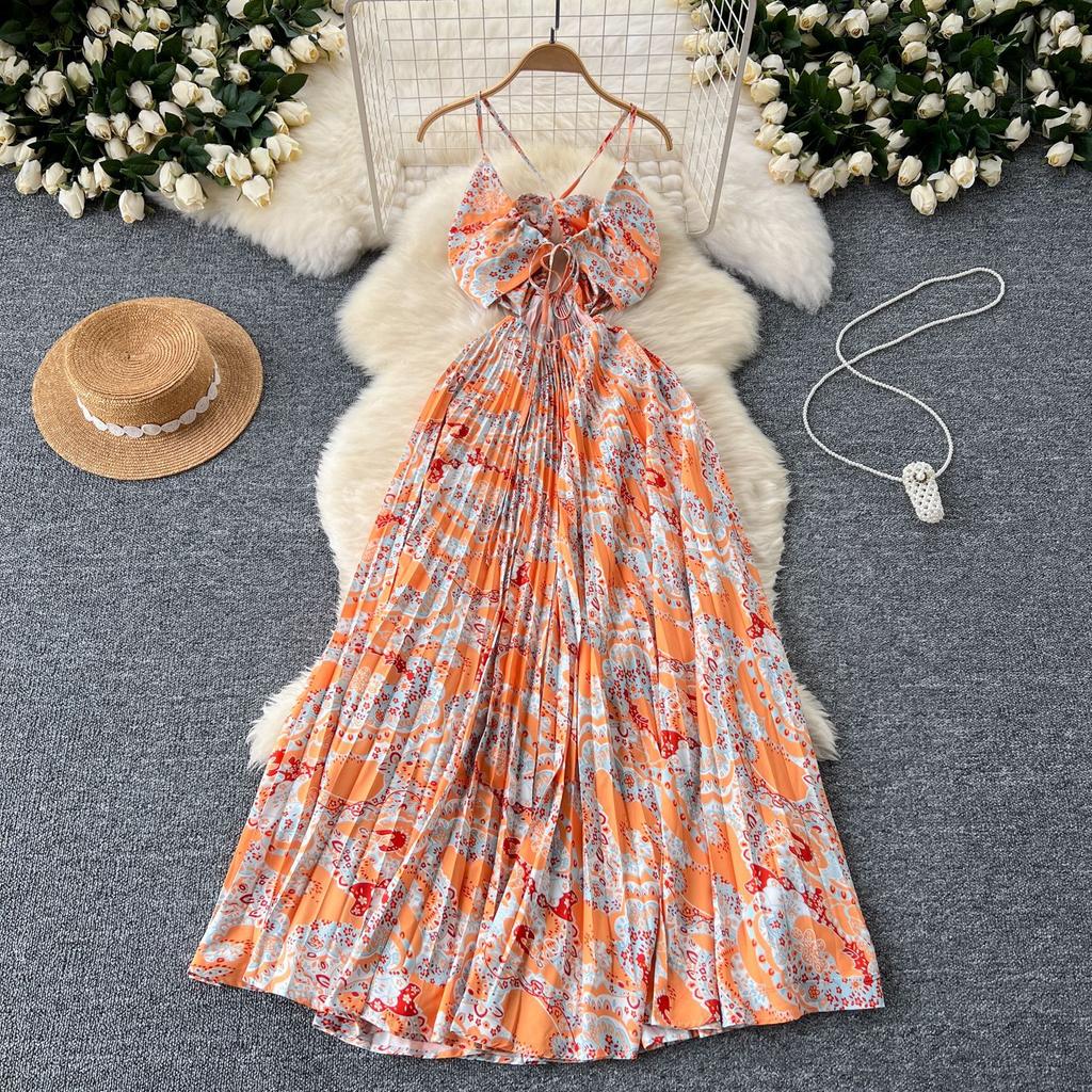Summer Women's Pure Desire Sexy Holiday Heart Hollow Hanging Neck Halter High Waist Slim Printed Pleated Long Dresses