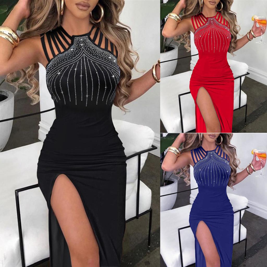 Women's Sleeveless Hot Diamond Slit Long Party Dress