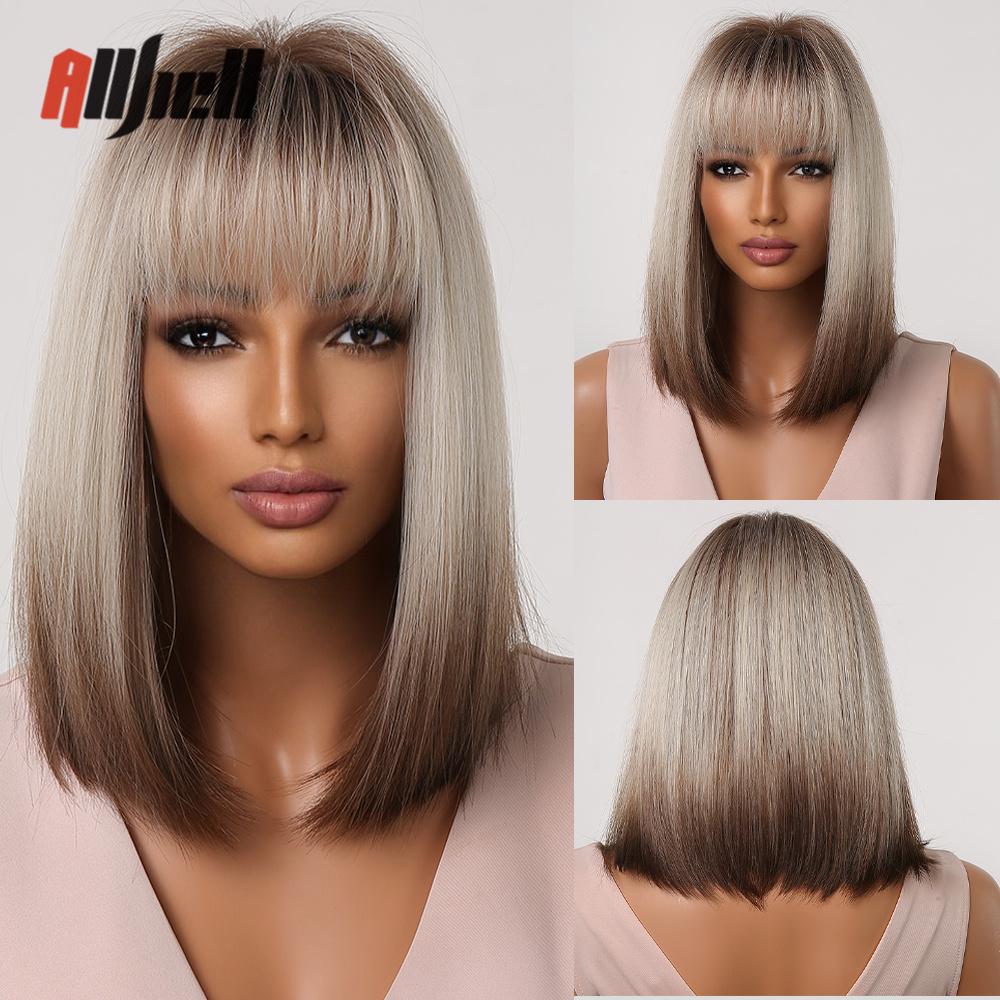 Synthetic Bob Hair Wig with Bangs Ombre Platinum Blonde Cosplay Wigs for Women Short Heat Resistant Female Daily Lolita Wavy Wig