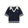 Color Block Comfortable Breathable Versatile Short Sleeve Knit Top Women Tops Deep-Navy-Blue AMBV302-3