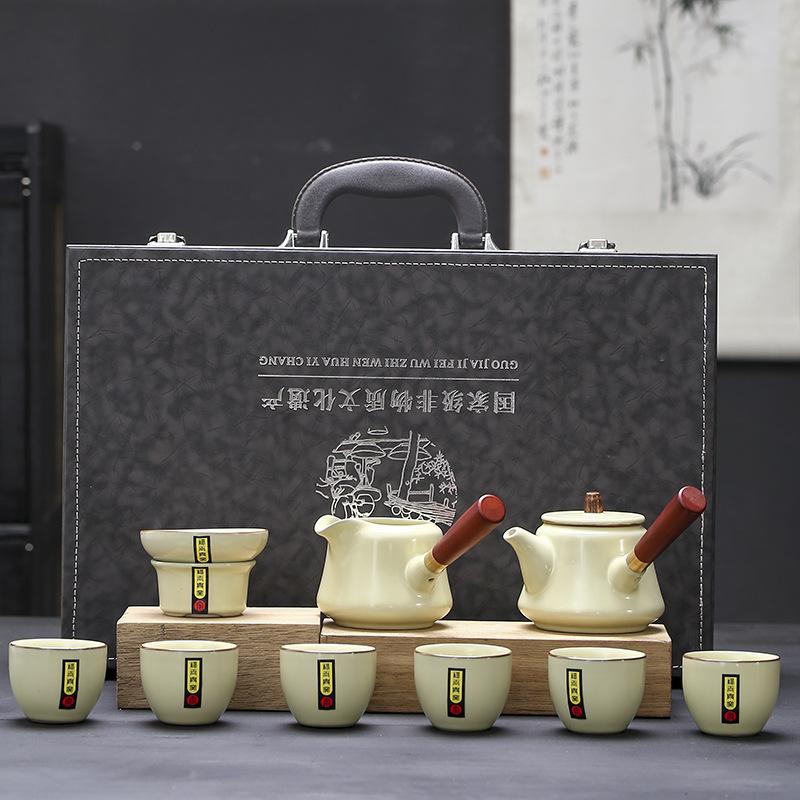 Ru kiln ceramic kung fu tea set, simple home office meeting guests, double-sided anti-scalding teapot, teacup cover bowl