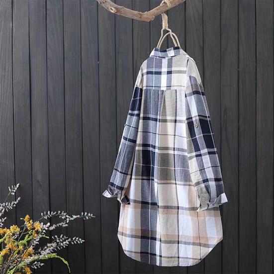 Женская рубашка с лацканами, длинным рукавом, цветной клетчатый принт, рубашка с карманом, свободный крой, однобортная рубашка средней длины